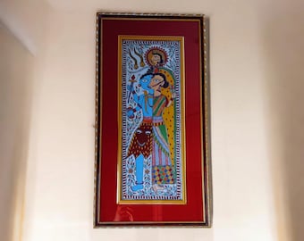 Shiv Shakti Madhubani Painting, Handpainted Indian Art, Framed Wall Decor