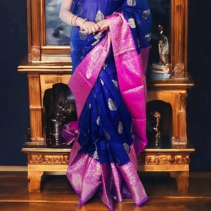 Blue Magenta Paper Silk Saree With Unstitched ( customised ) Banarsi Blouse Zari Work Thread Work Perfect For Wedding Party Gift for Her