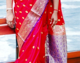 Pink & Violet Satin Silk Banarasi Saree, Zari Embroidered Bollywood Sari