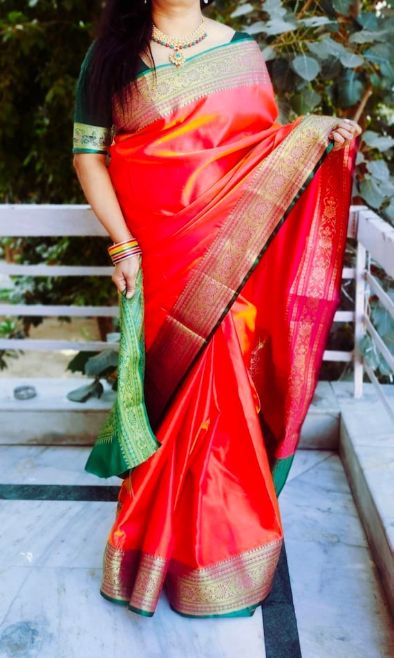 Orange Pink Green Silk Satin Saree Unstitched Green Blouse Zari Border  Bollywood Banarasi Wedding Vintage Indian Ethnic Daily Wear Party - Etsy  Canada