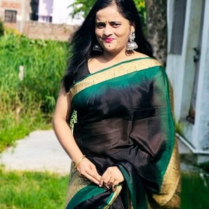 Black Green Pure Crepe Silk Golden Silk Embroidered Border And Aachal Tie And Dye Technique Party Anniversary Bollywood Fashion Classy