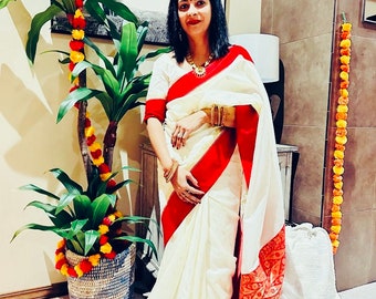 Off White Red Kanjeevaram Silk Saree Unstitched Red Silk Blouse Bollywood Daily Wear Party Wear Bengali Bohemian Vintage Sleek Relaxed Glam