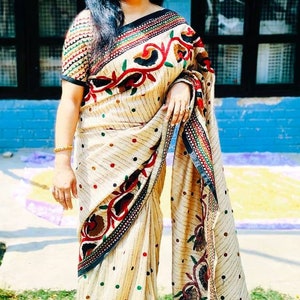 Women Beige Khadi Silk Handwork Colourful Wool Work Flower And Leaf And Polka Dot Pattern Handwork Wool Border With Handwork Wool Blouse