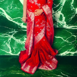 Red Satin Silk Saree Embroidered Border With Unstitched ( customised ) blouse Thread work Banarsi Saree Gift For Her Perfect For Wedding