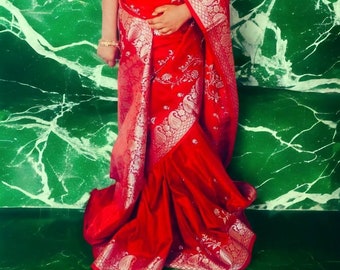 Red Satin Silk Banarasi Saree: Embroidered Border, Unstitched Blouse