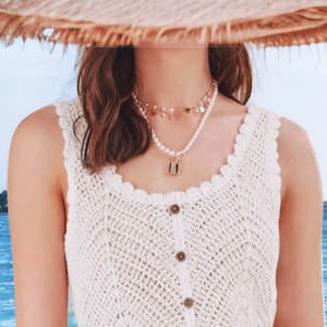 White Cotton Crochet Tank Top Hand Made Sleeveless Pattern Casual Summer Attire Beach Outfit Gift for Her Modern Look Buttoned Pull Over