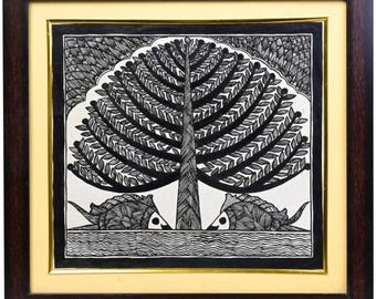 Mithila Madhubani Painting: Black and White Tree of Life, Framed Wall Decor