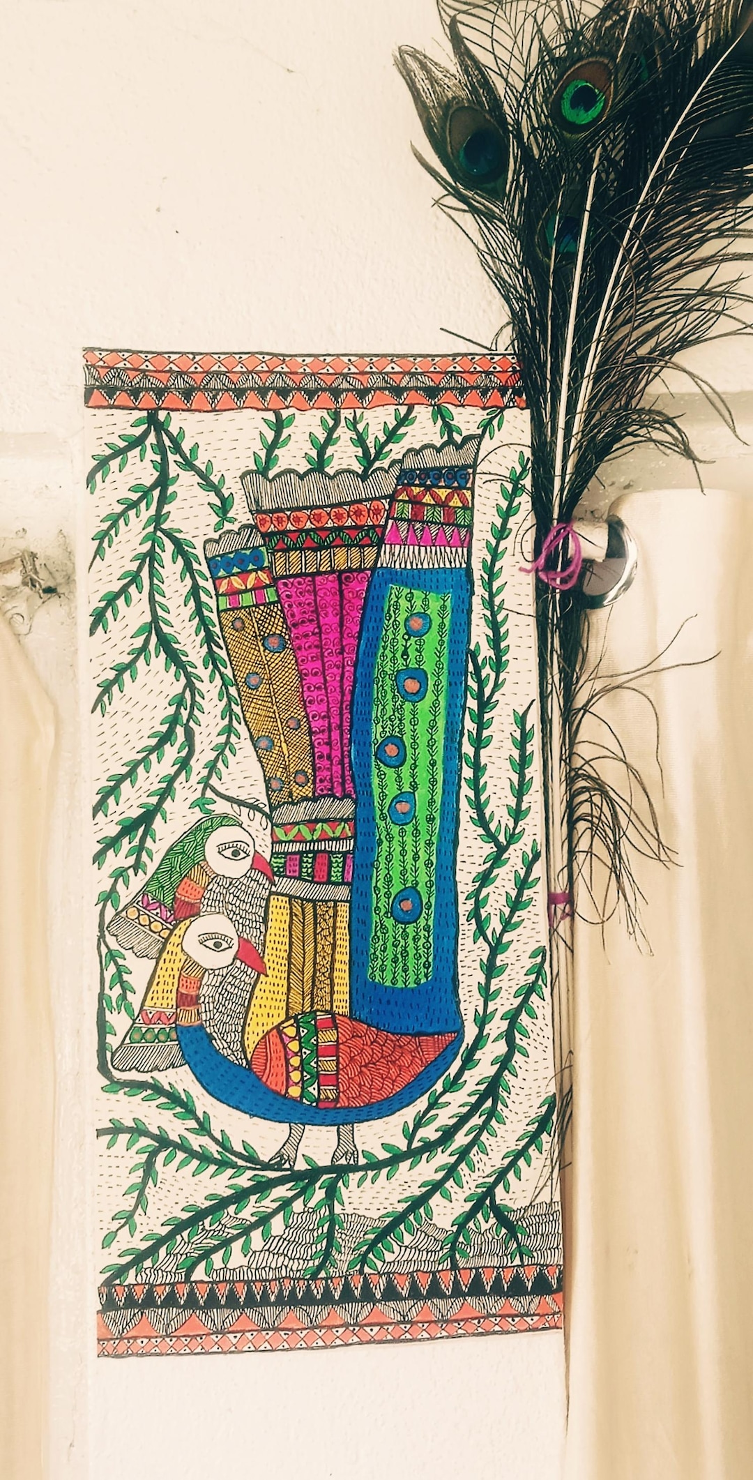 Handmade Madhubani Peacock & Birds Painting Traditional Indian Folk Art ...