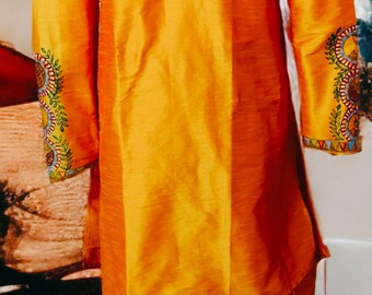 Orange Silk Handmade Madhubani Painted Traditional Dhoti Kurta For Men Bohemian Look Stitched Elastic Dhoti Stitched Kurta Wedding Wear