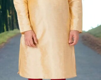 Herrpyjamaset i sidenblandning med kurta, krämfärgad beige kurta med röd pyjamas, indisk etnisk klädsel, bröllopskurta, festlig traditionell outfit