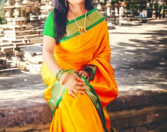 Yellow Silk Saree with Green Zari Border, Bollywood Style