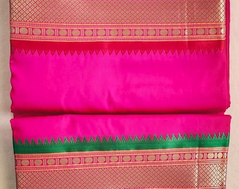 Pink Silk blend Dhoti Towel Set:Red Green Golden Zari Border, South Indian Attire