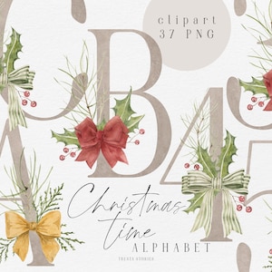 Christmas watercolor alphabet clipart, hand painted holidays letters