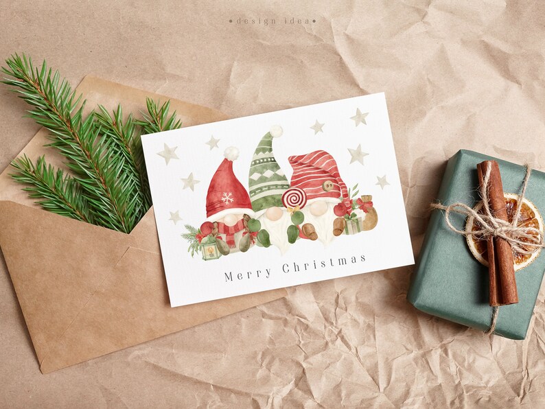 Festive Christmas card with a cute watercolor gnome illustration, complemented by seasonal elements like holly and stars