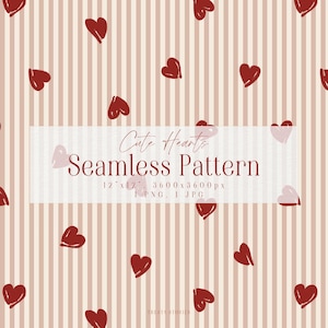 Può includere: Motivo senza cuciture con cuori rosso scuro ripetuti su uno sfondo a righe beige chiaro e rosa pallido. Il testo "Cute Hearts Seamless Pattern" è visualizzato su uno striscione rettangolare.
