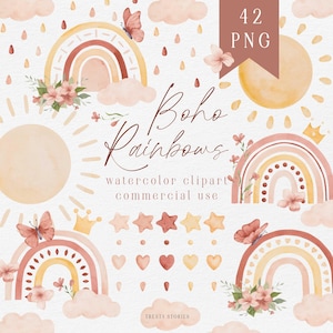 Clipart de arcoíris bohemios en acuarela, decoración infantil (descarga digital)