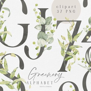 Alfabeto de acuarela verde, letras y números botánicos para invitaciones.