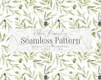Watercolor Olive Branch Seamless Pattern: Greenery Digital Paper (PNG, JPG)