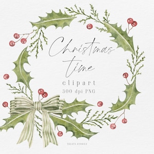 Christmas wreath clipart, handpainted watercolor greenery, winter berries wreath