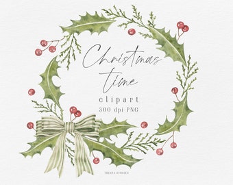 Christmas wreath clipart, handpainted watercolor greenery, winter berries wreath