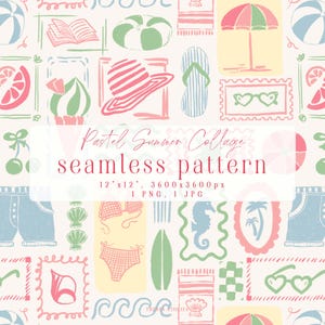 May include: A pastel summer collage seamless pattern featuring beach-themed illustrations. The design includes images of a beach umbrella, sunglasses, a hat, and a swimsuit. The text "Pastel Summer Collage seamless pattern" is also included.