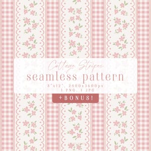 Modello senza cuciture Preppy Grandmillennial, strisce verticali Cottage Gingham, carta digitale con fiori morbidi