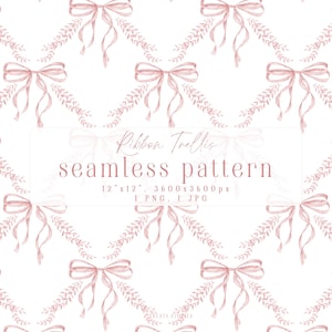 May include: A seamless pattern featuring light pink watercolor bows and delicate leafy vines on a white background. The text reads Ribbon Trellis seamless pattern, 12 x 12, 3600 x 3600 px, 1 PNG, 1 JPG. This digital design repeats in a grid layout.