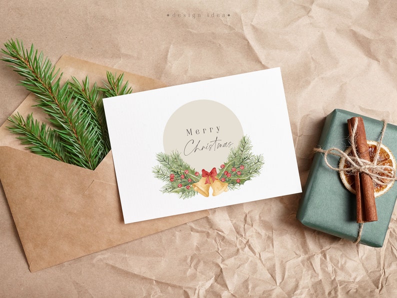 Festive Christmas card with a cute watercolor illustration, complemented by seasonal elements like holly and bells