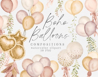 Watercolor balloons clipart, boho balloons compositions, girls baby shower decorations