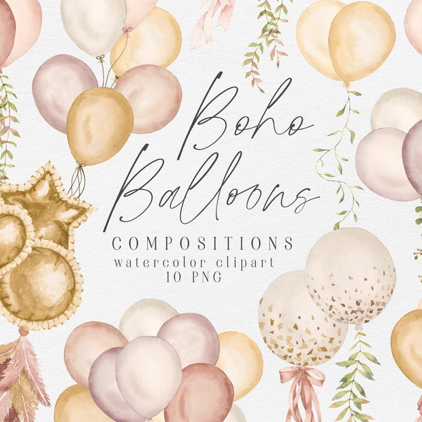 Watercolor balloons clipart, boho balloons compositions, girls baby shower decorations