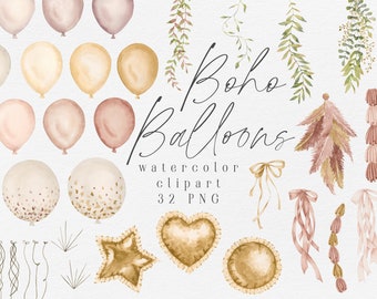 Watercolor boho balloons clipart, boho nursery decor, baby shower decorations
