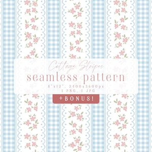 May include: A seamless pattern design featuring vertical stripes with alternating floral and gingham patterns. The floral stripes have pink flowers and green leaves. The text reads "Cottage Stripes seamless pattern" and the dimensions are 8" x 12".