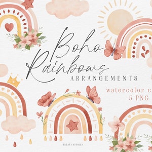 Clipart di arcobaleni boho ad acquerello, decorazioni per la cameretta dei bambini boho, composizioni di arcobaleni