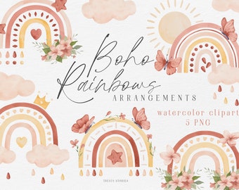 Watercolor Boho Rainbow Clipart: Nursery Decor (Digital Download)