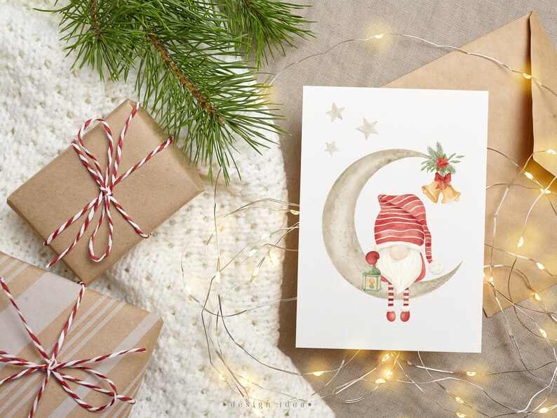 a cute christmas card with watercolor gnome graphic