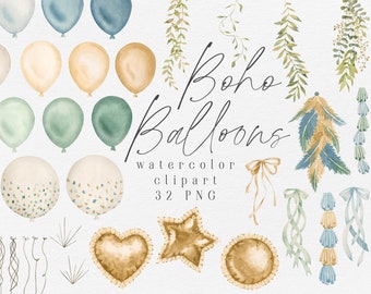 Watercolor boho balloons clipart, boho nursery decor, baby shower decorations