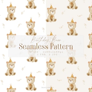 Watercolor birthday bear seamless pattern, cute teddy bear digital paper, baby shower background