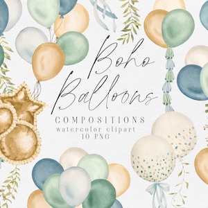Clipart de balões em aquarela, composições de balões boho, decorações para chá de bebê de meninos