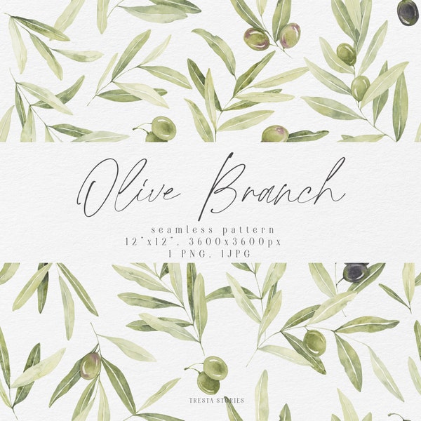 Olive branch seamless pattern, watercolor greenery digital paper, olive leaves seamless texture