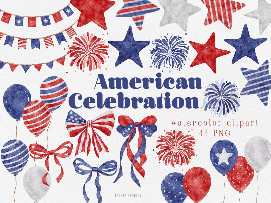 4th of July Watercolor Clipart, Independence Day Graphics, Patriotic ...