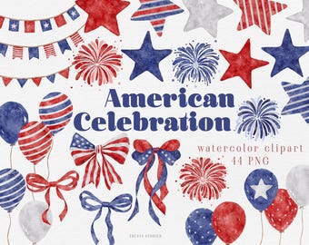 Puede incluir: Ilustración en acuarela con elementos patrióticos rojos, blancos y azules. Incluye estrellas, fuegos artificiales, globos, lazos y guirnaldas. También se muestra el texto "American Celebration".