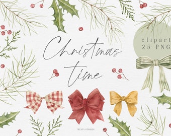 Watercolor Christmas Clipart Set: Greenery & Bows (Digital Download)