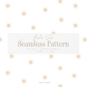 Könnte beinhalten: Ein nahtloses Muster mit einem sich wiederholenden Design aus beigen Sonnen auf weißem Hintergrund. Der Text "Boho Sun Seamless Pattern" wird auf einem rechteckigen Banner angezeigt. Das Bild enthält auch die Abmessungen und den Dateityp.