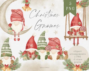 Christmas Gnomes Clipart, watercolor gnome illustration, holiday greeting card design