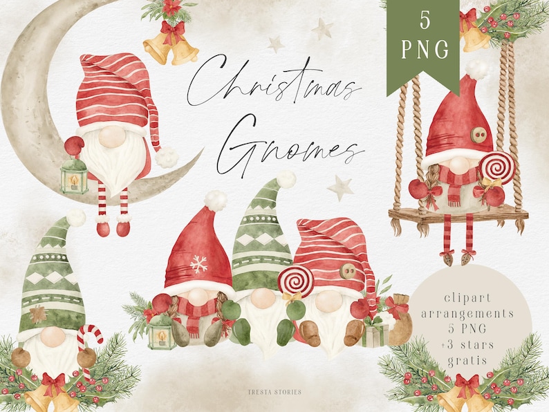 May include: Five watercolour illustrations of Christmas gnomes. One gnome is sitting on a crescent moon, another is on a swing, and three are sitting together. The gnomes are wearing red and green hats, and some have white beards. The text "Christmas Gnomes" is written in black cursive.