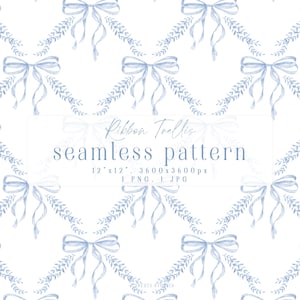 May include: A seamless pattern featuring light blue watercolor bows and leafy garlands on a white background. The text reads: Ribbon Trellis seamless pattern, 12"x12", 3600x3600px, 1 PNG, 1 JPG. This digital design displays a repeating motif.