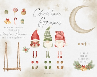 Watercolor Christmas Gnomes Clipart: Handpainted PNG Elements (Digital Download)