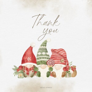 Charming Christmas graphic showcasing three watercolor gnomes design, adorned with holiday motifs