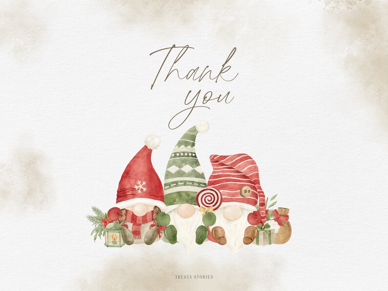 Charming Christmas graphic showcasing three watercolor gnomes design, adorned with holiday motifs