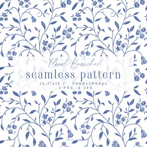 Peut inclure: Un motif sans couture avec des branches florales bleues sur fond blanc. Le design présente des fleurs et des feuilles bleues délicates, avec le texte "Floral Branches seamless pattern" superposé. Dimensions de l'image : 42.4 x 42.4 cm.
